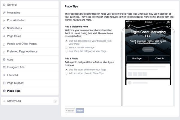 Facebook Place Tips Setting