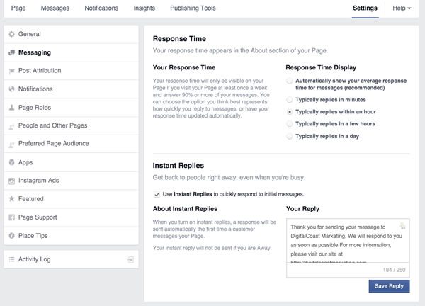 Facebook Response Time Setting